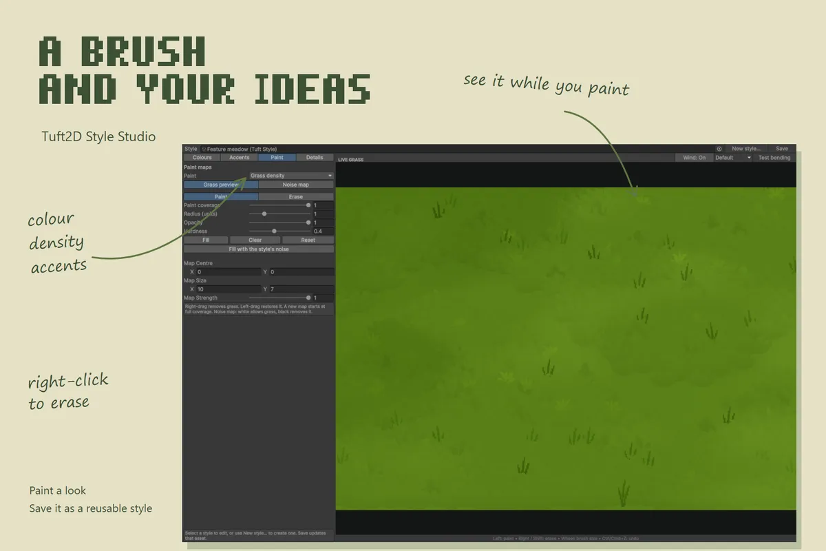 Paint colours, grass density, and accent coverage with a live Style Studio preview.