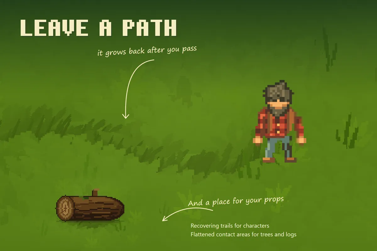 Recovering trails follow characters, while contact areas ground trees and props.