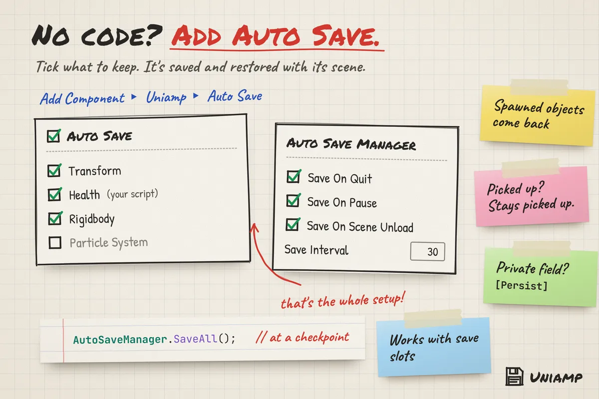 Save scene objects without writing code.